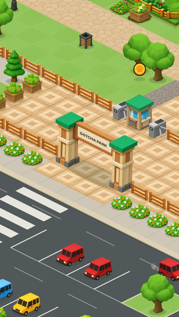 The zoo entrance and its turnstiles, with the parking lot out front