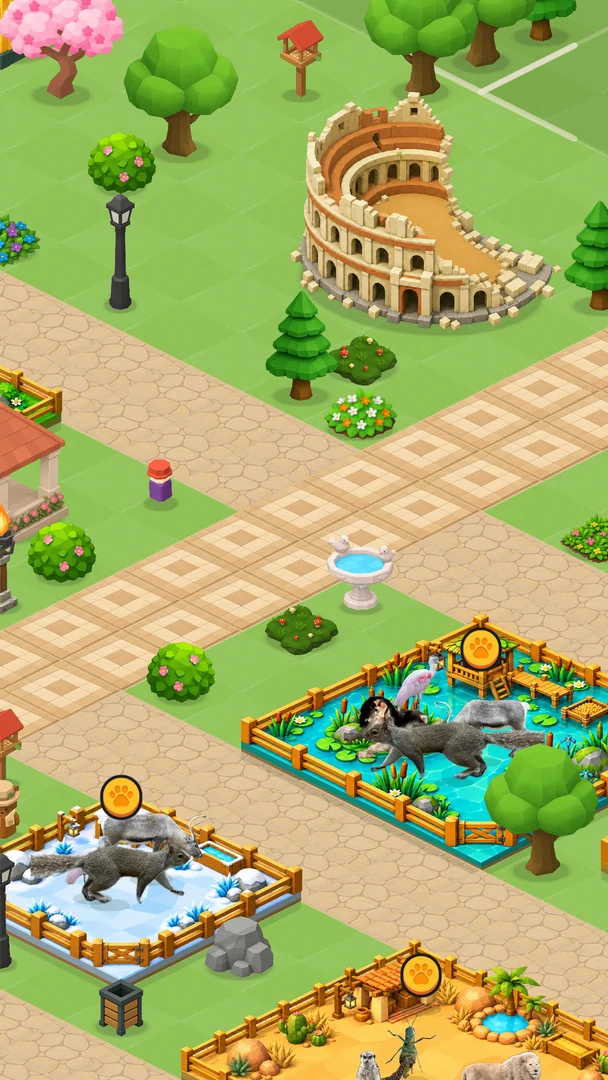 A colosseum and fountains among the habitats